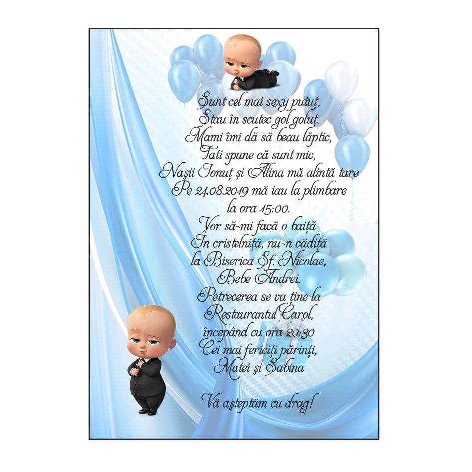 1 invitatie baby boss botez Invitatie botez, Model IC3 , Baby Boss, Format A5 - imagine 1