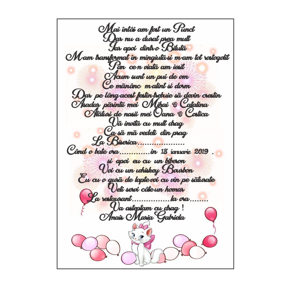 1 invitatie marie Invitatie botez Model IC5 , Pisica Marrie, Format A5 - imagine 1