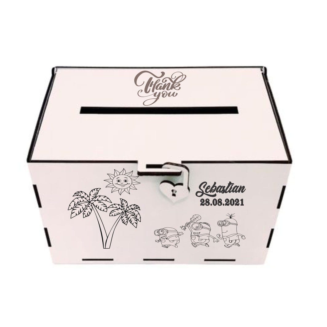 cutie dar minioni, Cutie de bani pentru botez, Minioni, Lemn, 30x20x20 cm, Alb - imagine 1