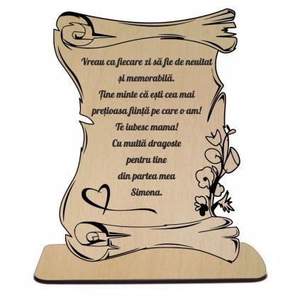 Decoratiune Cadou, Personalizata, Mama, Tip Pergament, Lemn Natur, 20x15cm, DCM016