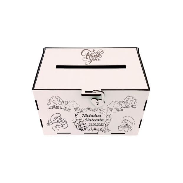 cutie dar strumfi 2 Cutie de bani pentru botez, Strumfi, Lemn, 30x20x20 cm, Alb - imagine 1