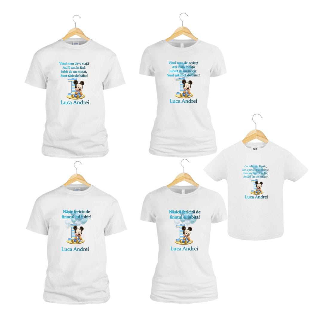 TM09 poza1 Set 5 tricouri pentru aniversarea de 1 an, taiere mot, Mickey, Bumbac, Alb, TM09 - imagine 2