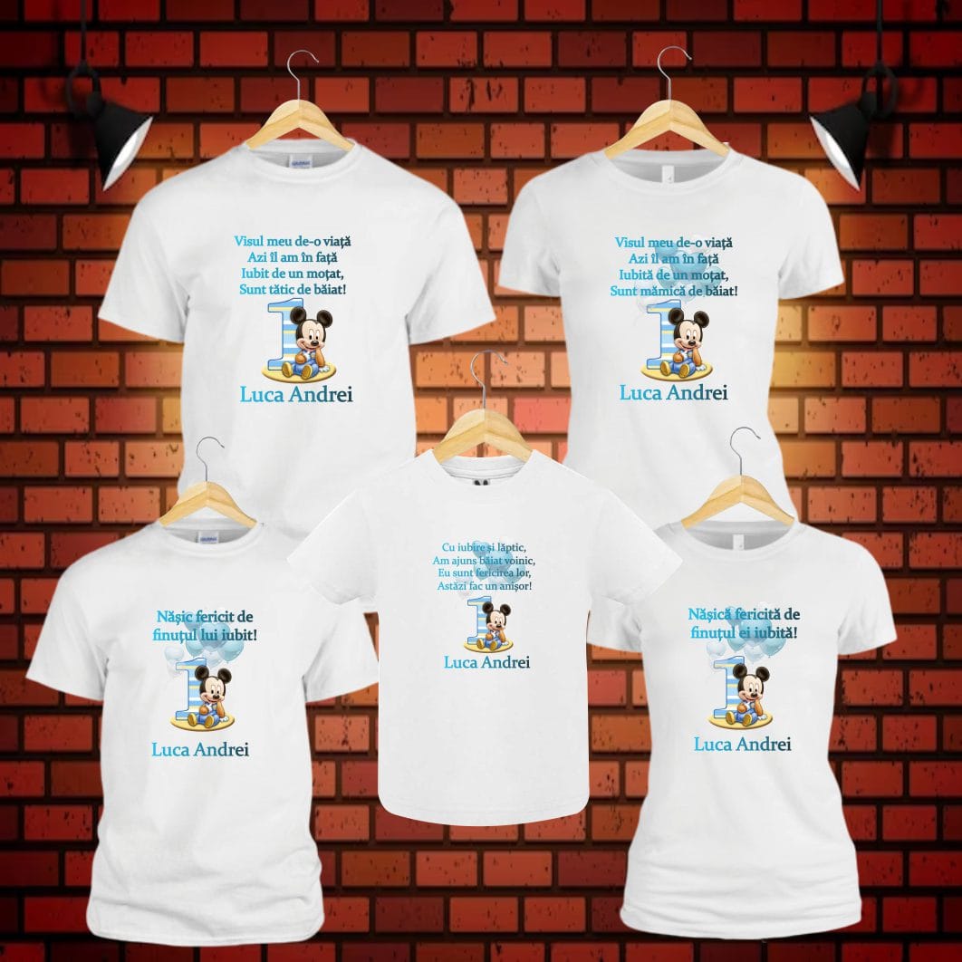 TM09 poza2 Set 5 tricouri pentru aniversarea de 1 an, taiere mot, Mickey, Bumbac, Alb, TM09 - imagine 4