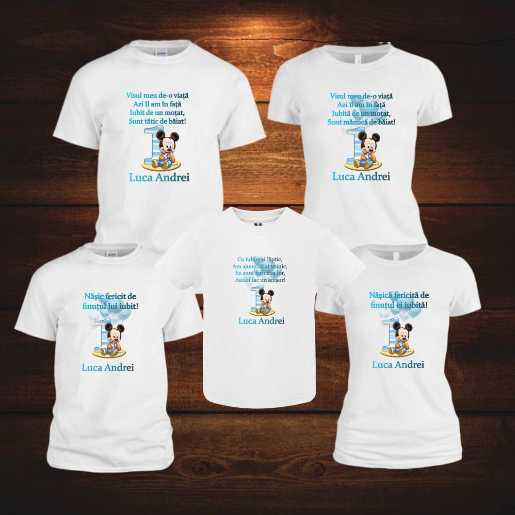 TM09 poza4 Set 5 tricouri pentru aniversarea de 1 an, taiere mot, Mickey, Bumbac, Alb, TM09 - imagine 3