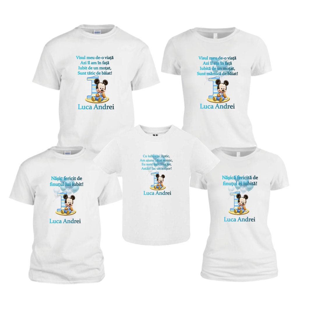 TM09 poza5 Set 5 tricouri pentru aniversarea de 1 an, taiere mot, Mickey, Bumbac, Alb, TM09 - imagine 1