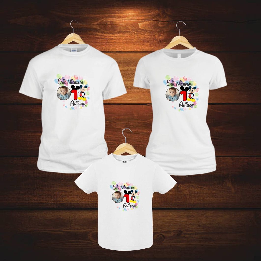 TM12 poza1 Set 3 tricouri pentru aniversarea de 1 an, taiere mot, Mickey Mouse, Bumbac, Alb, TM12 - imagine 5