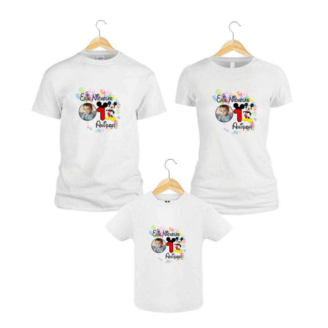 TM12 poza2 Set 3 tricouri pentru aniversarea de 1 an, taiere mot, Mickey Mouse, Bumbac, Alb, TM12 - imagine 2