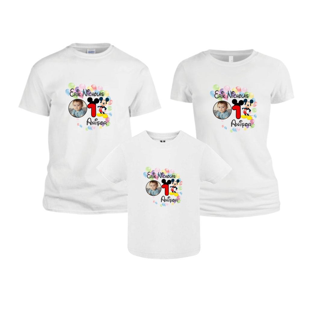 TM12 poza3 Set 3 tricouri pentru aniversarea de 1 an, taiere mot, Mickey Mouse, Bumbac, Alb, TM12 - imagine 1