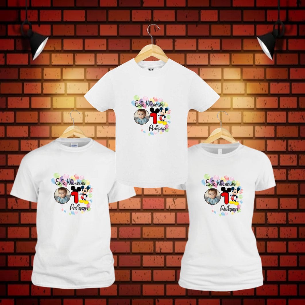 TM12 poza4 Set 3 tricouri pentru aniversarea de 1 an, taiere mot, Mickey Mouse, Bumbac, Alb, TM12 - imagine 3