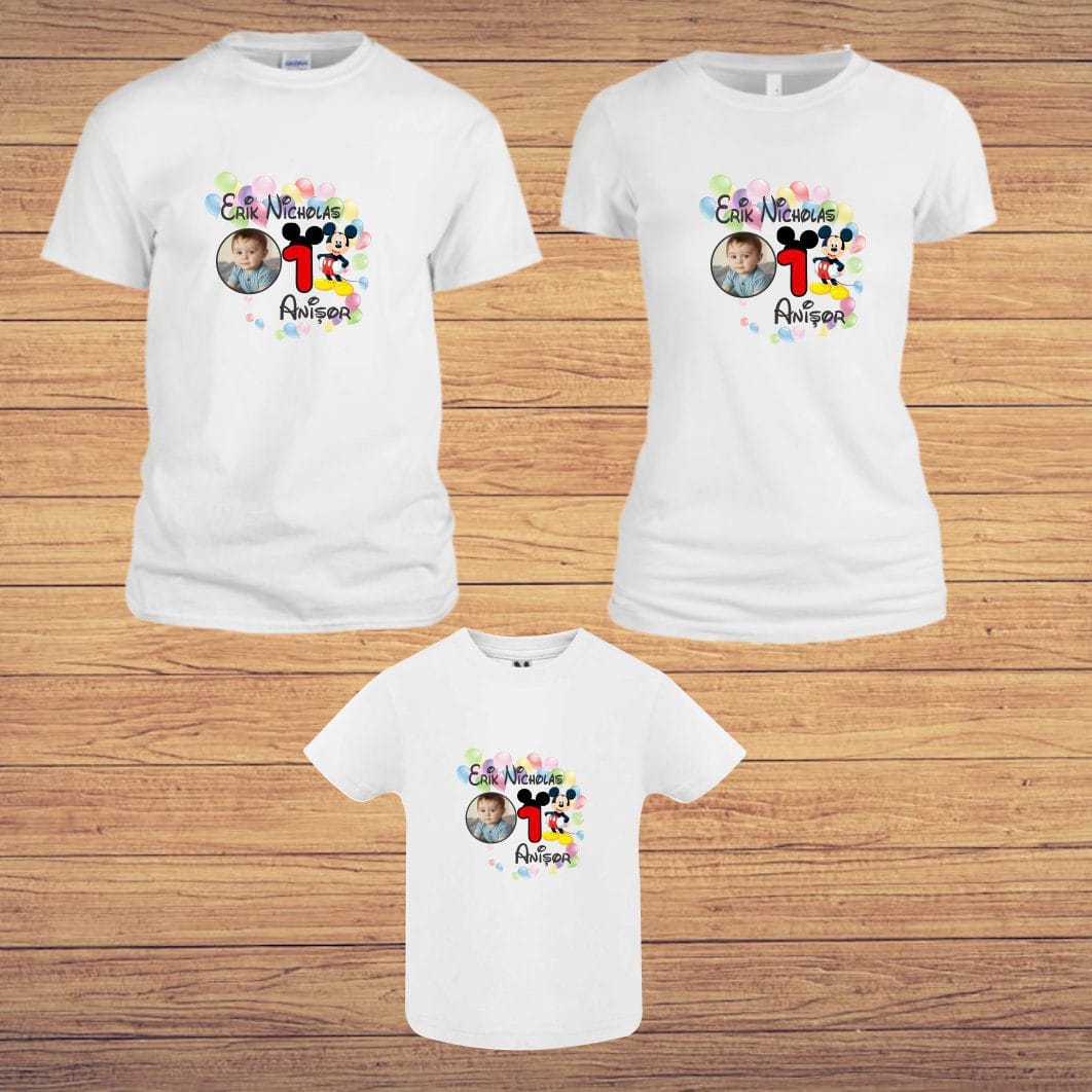 TM12 poza5 Set 3 tricouri pentru aniversarea de 1 an, taiere mot, Mickey Mouse, Bumbac, Alb, TM12 - imagine 4