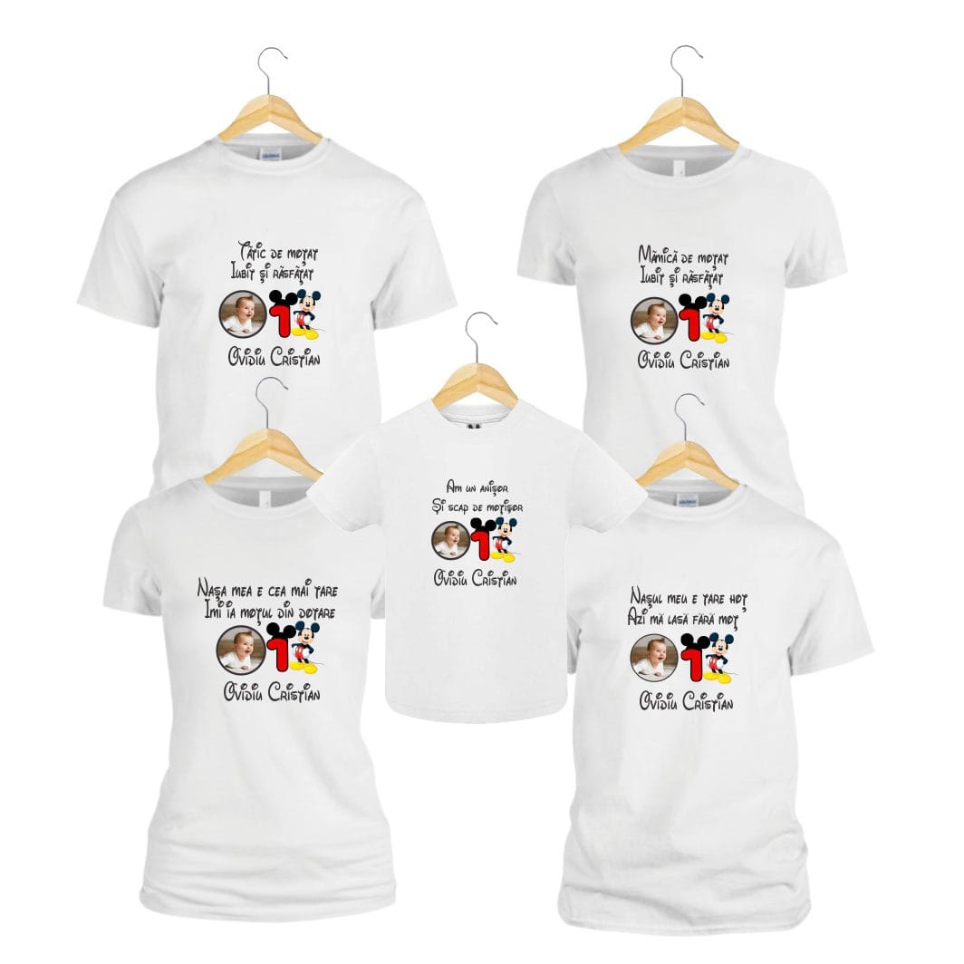 TM14 poza1 Set 5 tricouri pentru aniversarea de 1 an, taiere mot, Mickey Mouse, Bumbac, Alb, TM14 - imagine 2