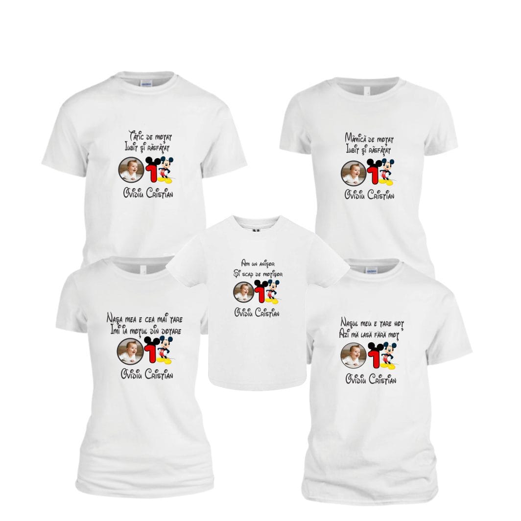 TM14 poza2 Set 5 tricouri pentru aniversarea de 1 an, taiere mot, Mickey Mouse, Bumbac, Alb, TM14 - imagine 1