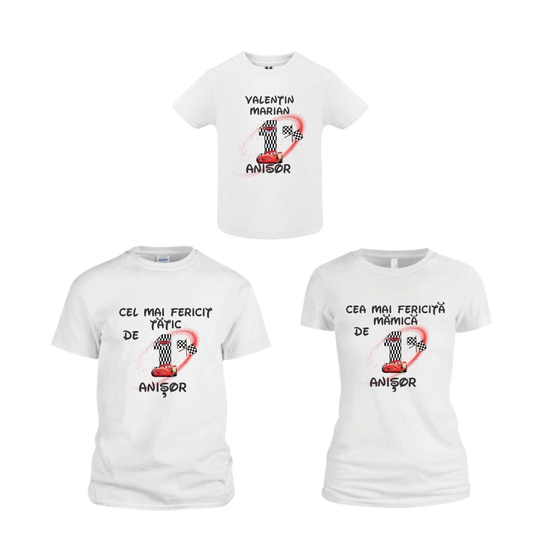 TM20 poza4 Set 3 tricouri pentru aniversarea de 1 an, taiere mot, Masinile Cars, Bumbac, Alb, TM20 - imagine 1