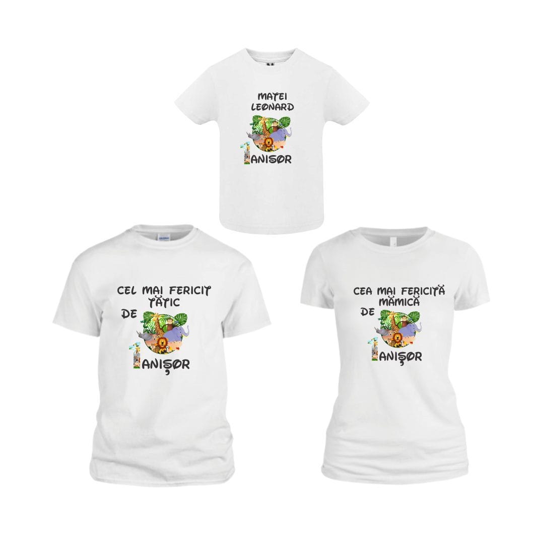 TM24 poza4 Set 3 tricouri pentru aniversarea de 1 an, taiere mot, Safari, Bumbac, Alb, TM24 - imagine 1