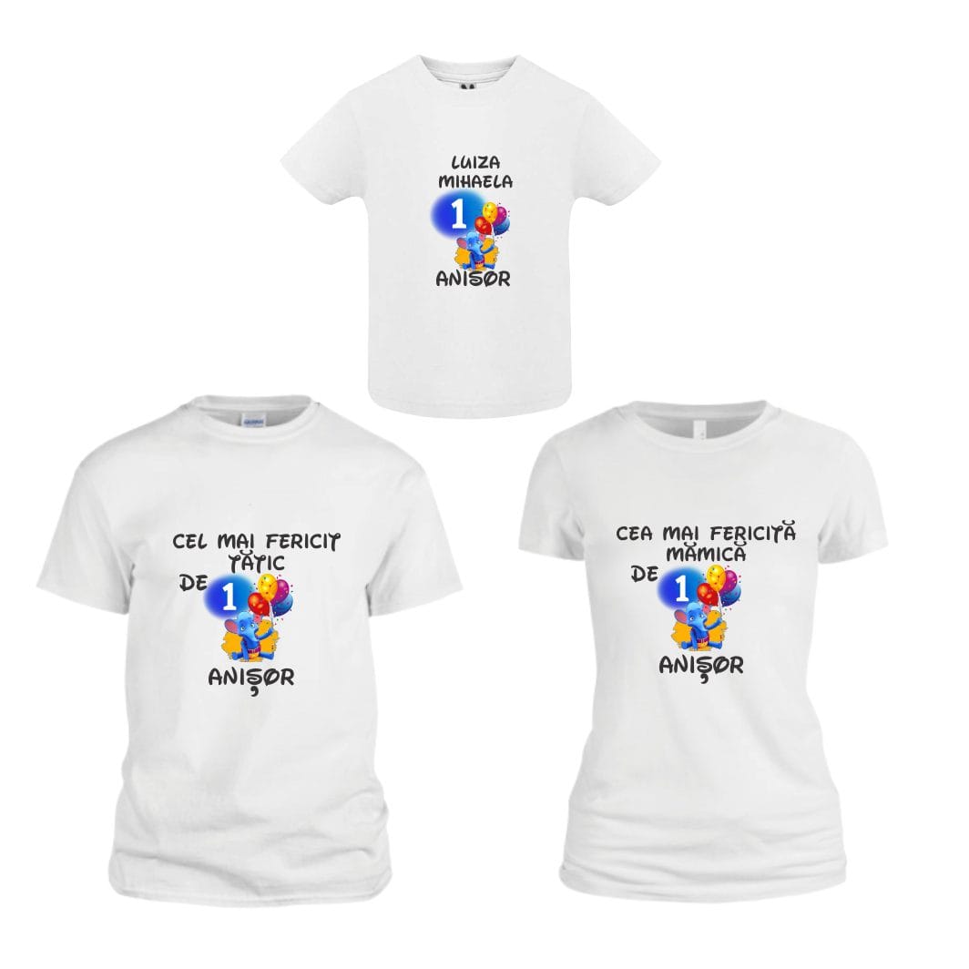 TM26 poza5 Set 3 tricouri pentru aniversarea de 1 an, taiere mot, Elefantul Cici si furnicuta, Bumbac, Alb, TM26 - imagine 1