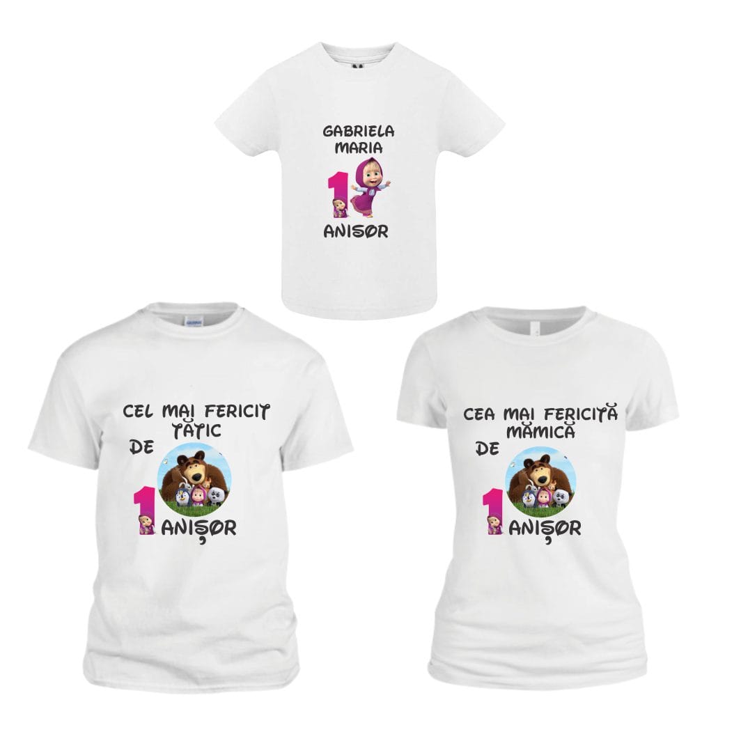 TM27 poza5 Set 3 tricouri pentru aniversarea de 1 an, taiere mot, Masha și Ursul, Bumbac, Alb, TM27 - imagine 1