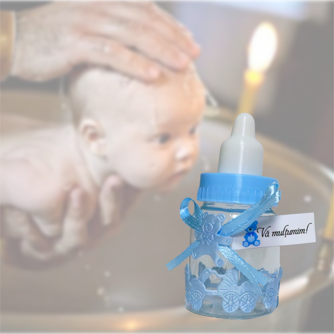 Marturie biberon albastra.. Marturie botez, Biberon, Plastic, 9x4 cm, Albastru - imagine 4