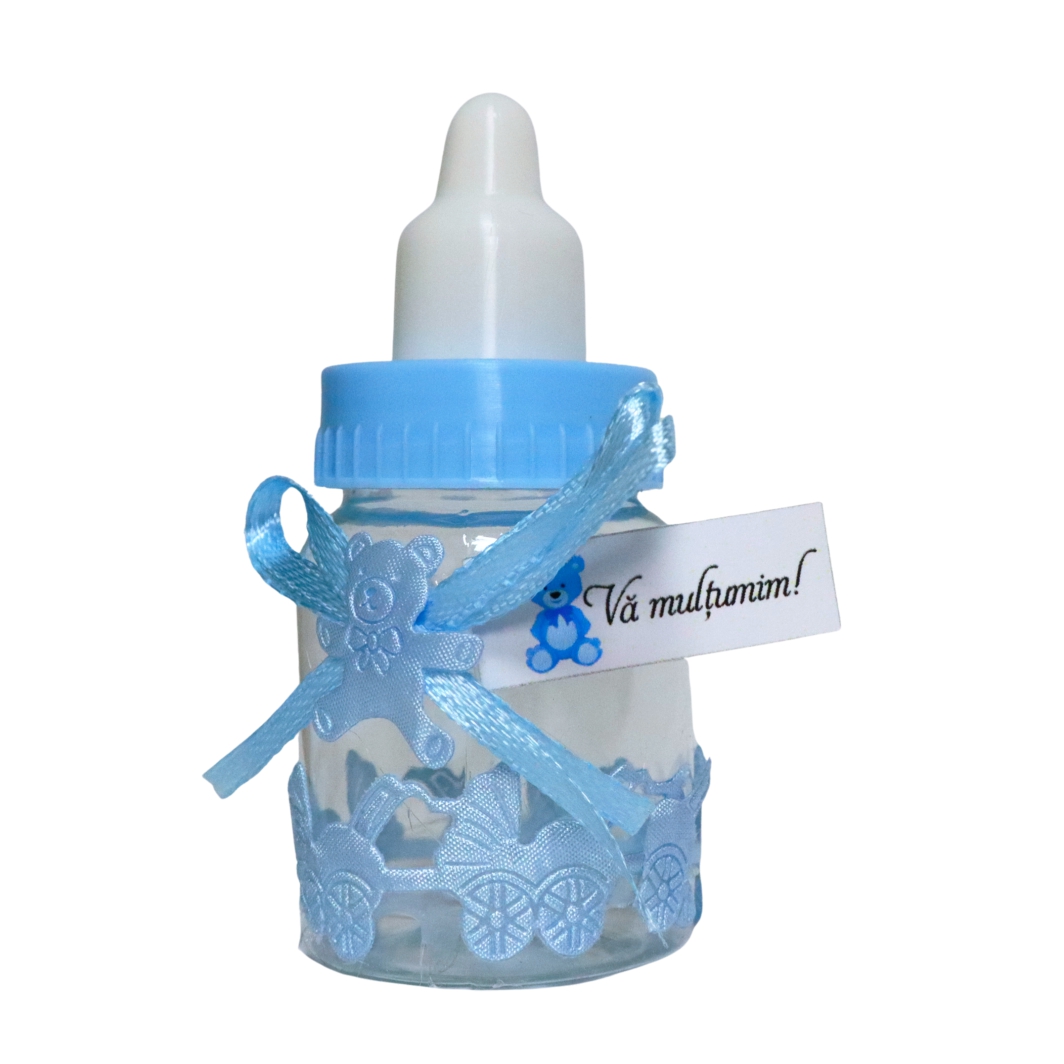 Marturie biberon albastra Marturie botez, Biberon, Plastic, 9x4 cm, Albastru - imagine 1