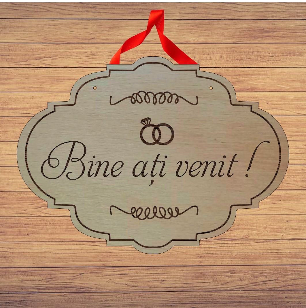 PNBV009, Pancarta Bine Ati Venit, Nunta, Lemn Natur, 40x29cm, PNBV009 - imagine 3