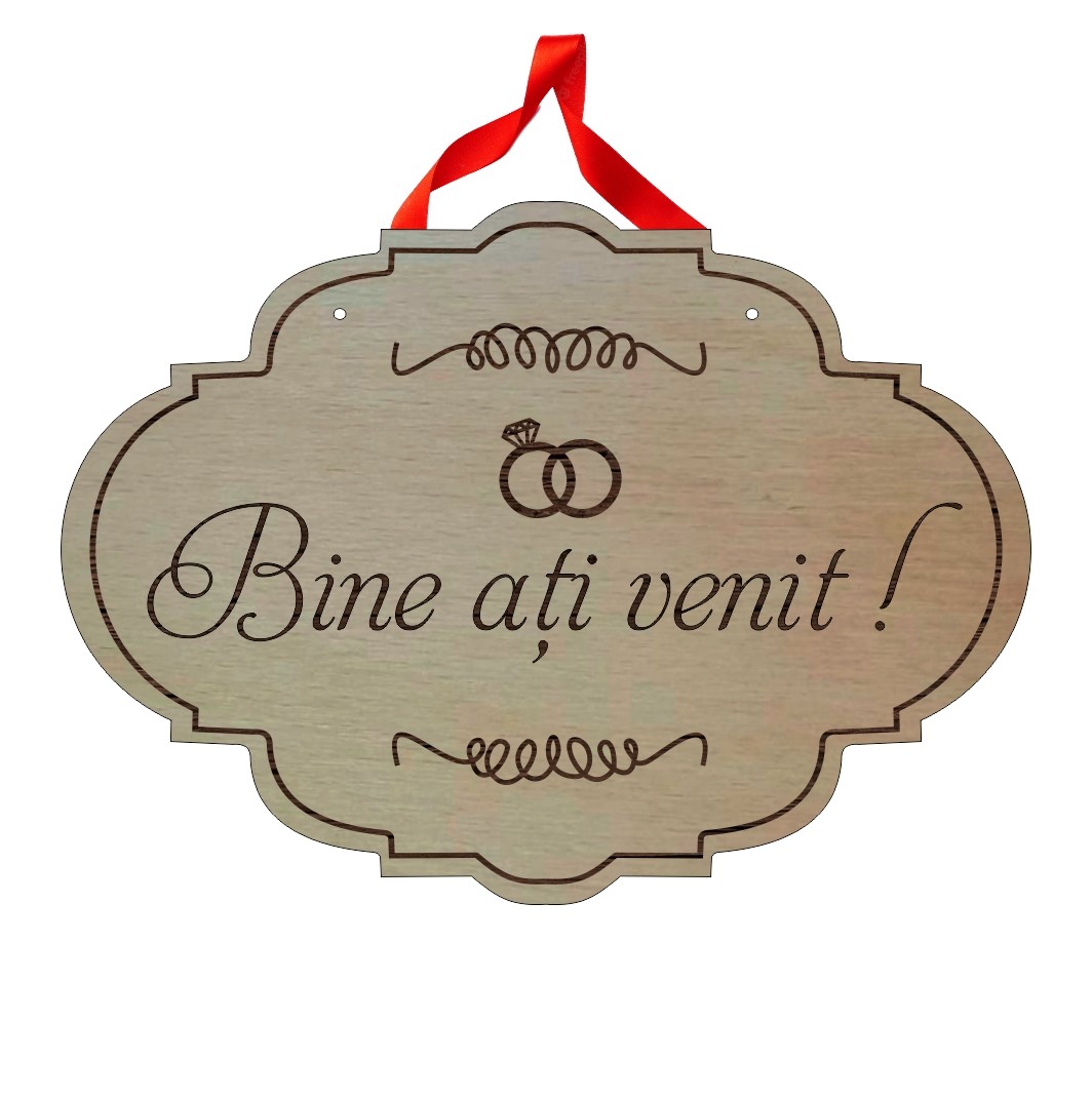 PNBV009 Pancarta Bine Ati Venit, Nunta, Lemn Natur, 40x29cm, PNBV009 - imagine 1