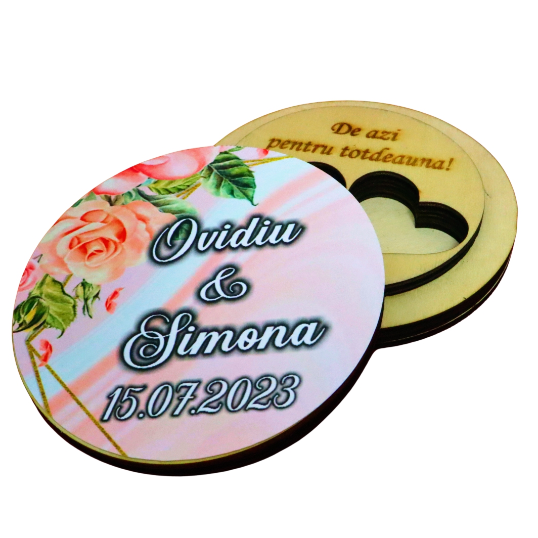 CTV041.... Cutie de verighete, Personalizata, Rotunda, Roz, Lemn natur, CTV041 - imagine 1