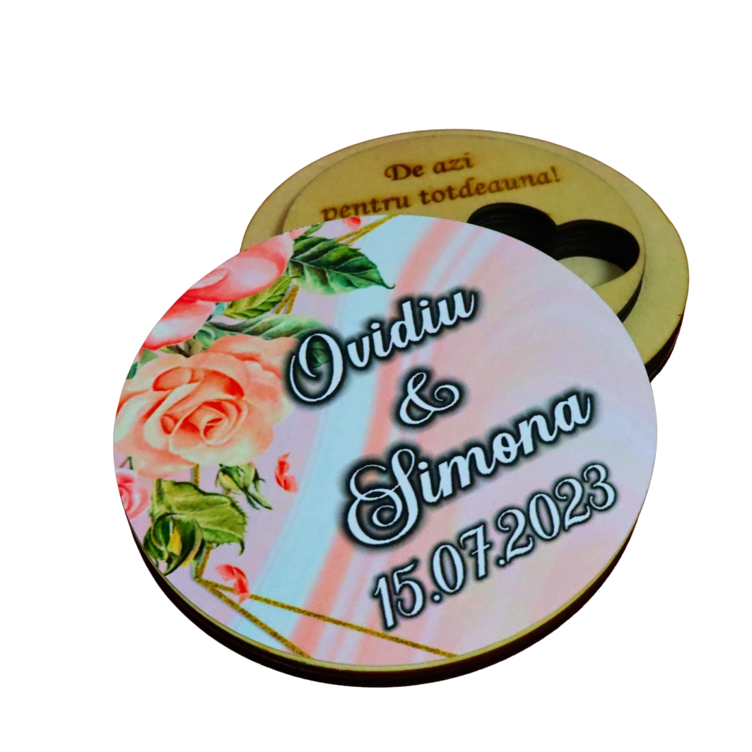 CTV041... Cutie de verighete, Personalizata, Rotunda, Roz, Lemn natur, CTV041 - imagine 5