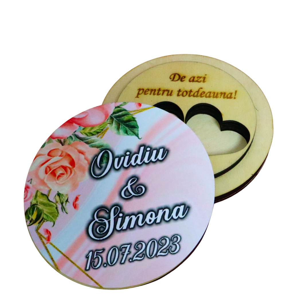 CTV041.. Cutie de verighete, Personalizata, Rotunda, Roz, Lemn natur, CTV041 - imagine 3