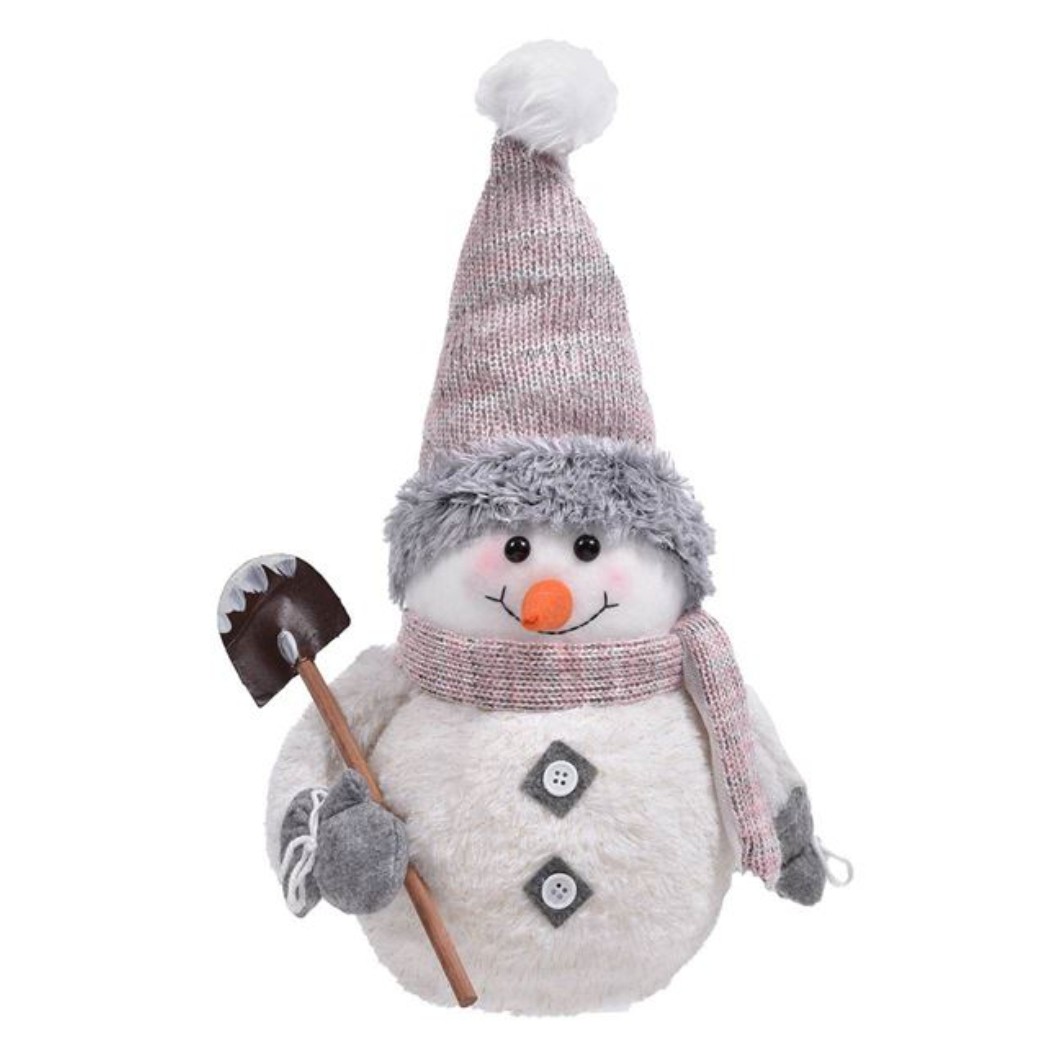 DCJ173 Decoratiune de Craciun, Figurina, Om de Zapada, Ecru, Blana, Artificiala, Roz, Caciula si Lopata, 36cm, DCJ173 - imagine 1