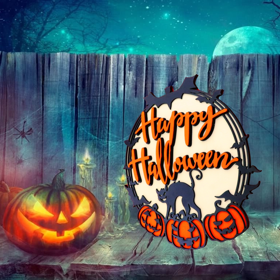 DH038... Decoratiune de Halloween, Lemn, Portocaliu, 28x28 cm, DH038 - imagine 5