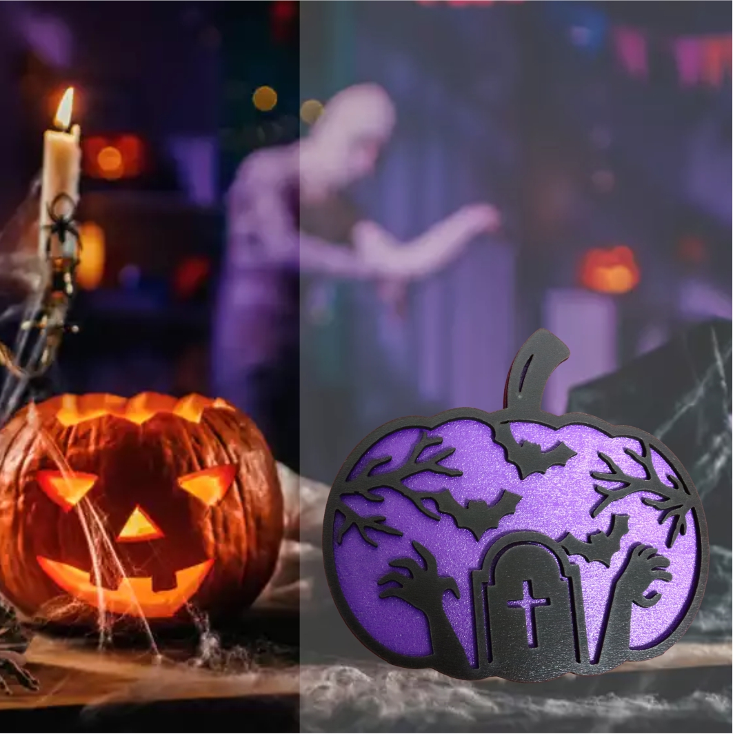 DH061.... Decoratiune de Halloween, Dovleac, Lemn, Mov, 30x28 cm, DH061 - imagine 4