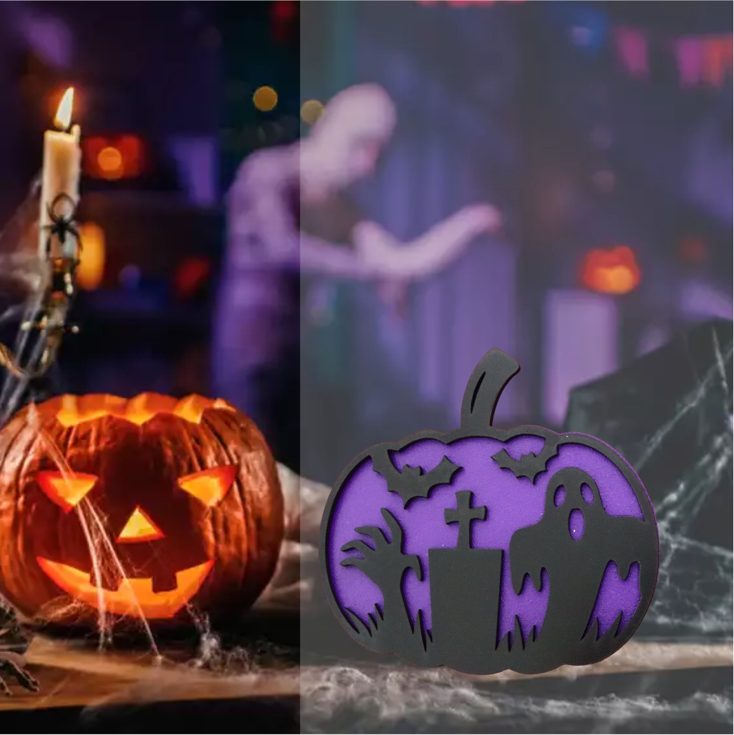 DH062.... Decoratiune de Halloween, Dovleac, Lemn, Mov, 30x28 cm, DH062 - imagine 4