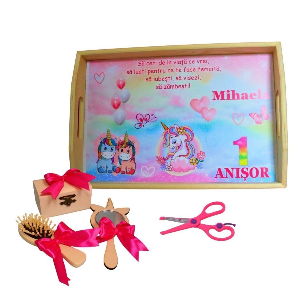 SMD112 Set Mot Personalizat, Unicorn, 5 Piese, Lemn, Roz, 20x30cm, SMD112 - imagine 1