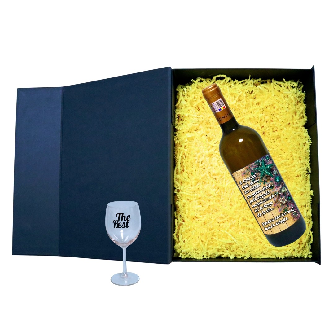 CSVC012.... Set cadou de Sarbatori pentru coleg/a, Cutie de vin cu sticla si un pahar, 35x25cm, Vin Domeniile Panciu Feteasca Regala, CSVC012 - imagine 2