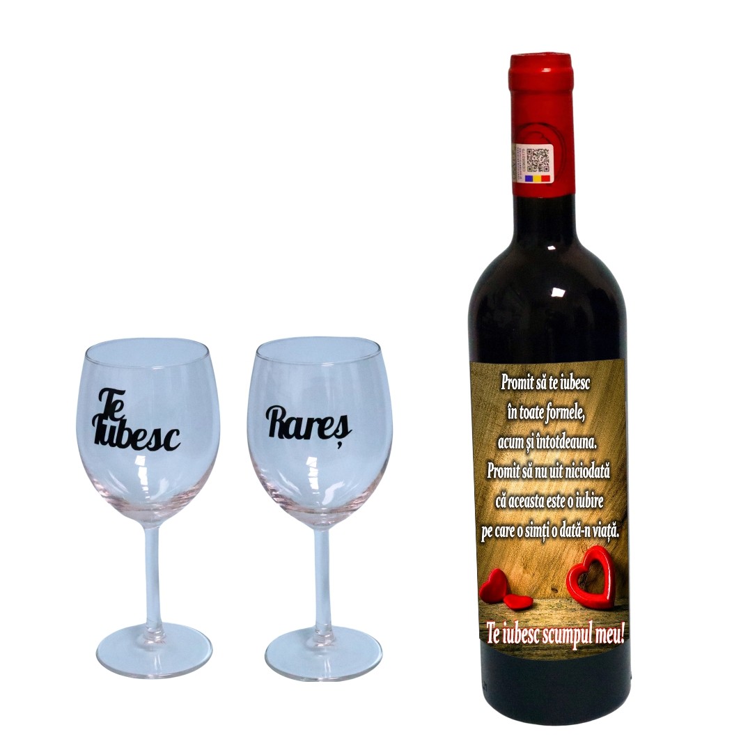CSVIS008. Set cadou Iubit/Sot, Cutie de vin cu sticla si 2 pahare, 35x25cm, Vin Budureasca Clasic, CSVIS008 - imagine 3