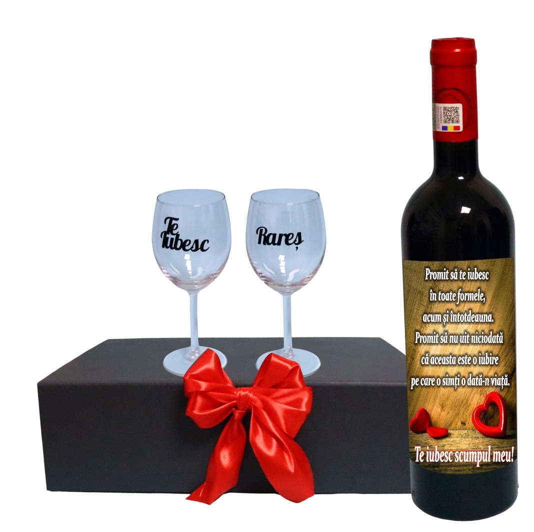CSVIS008 Set cadou Iubit/Sot, Cutie de vin cu sticla si 2 pahare, 35x25cm, Vin Budureasca Clasic, CSVIS008 - imagine 1