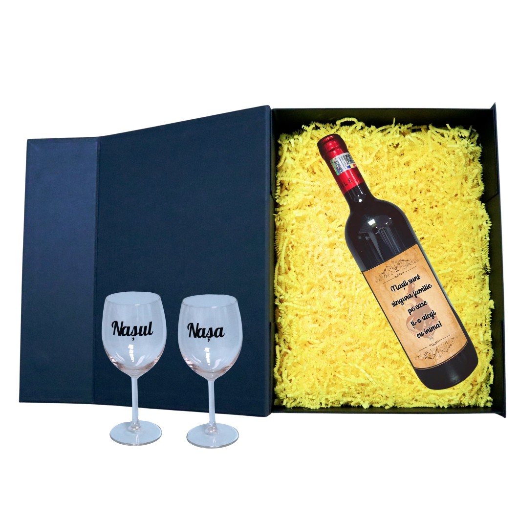 CSVN014.. Set cadou Nasi, Cutie de vin cu sticla si 2 pahare, 35x25cm, Vin Domeniile Panciu Feteasca Neagra, CSVN014 - imagine 2