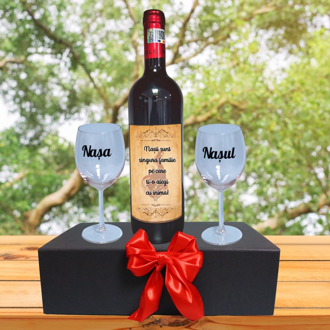 CSVN014... Set cadou Nasi, Cutie de vin cu sticla si 2 pahare, 35x25cm, Vin Domeniile Panciu Feteasca Neagra, CSVN014 - imagine 4