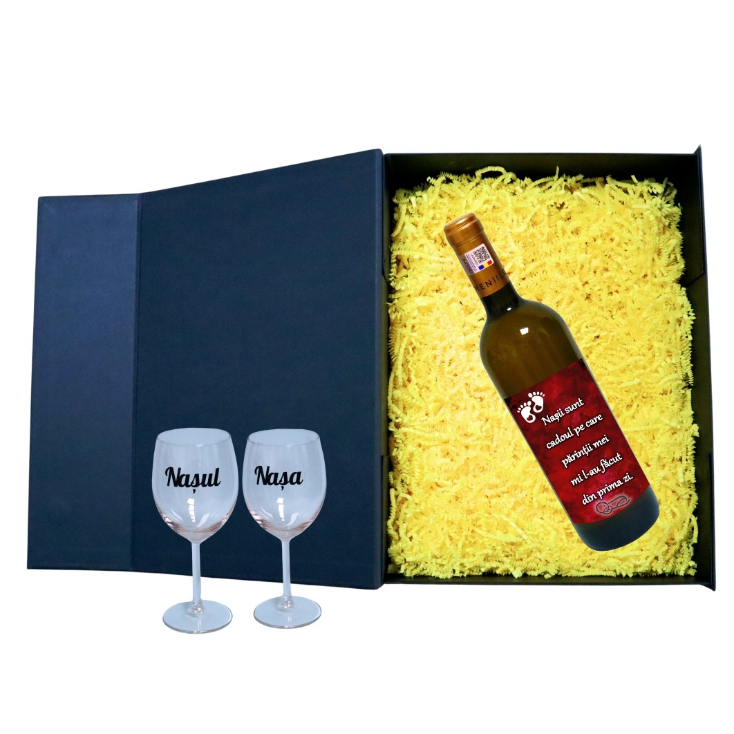 CSVN019.. Set cadou Nasi, Cutie de vin cu sticla si 2 pahare, 35x25cm, Vin Domeniile Panciu Feteasca Regala, CSVN019 - imagine 2