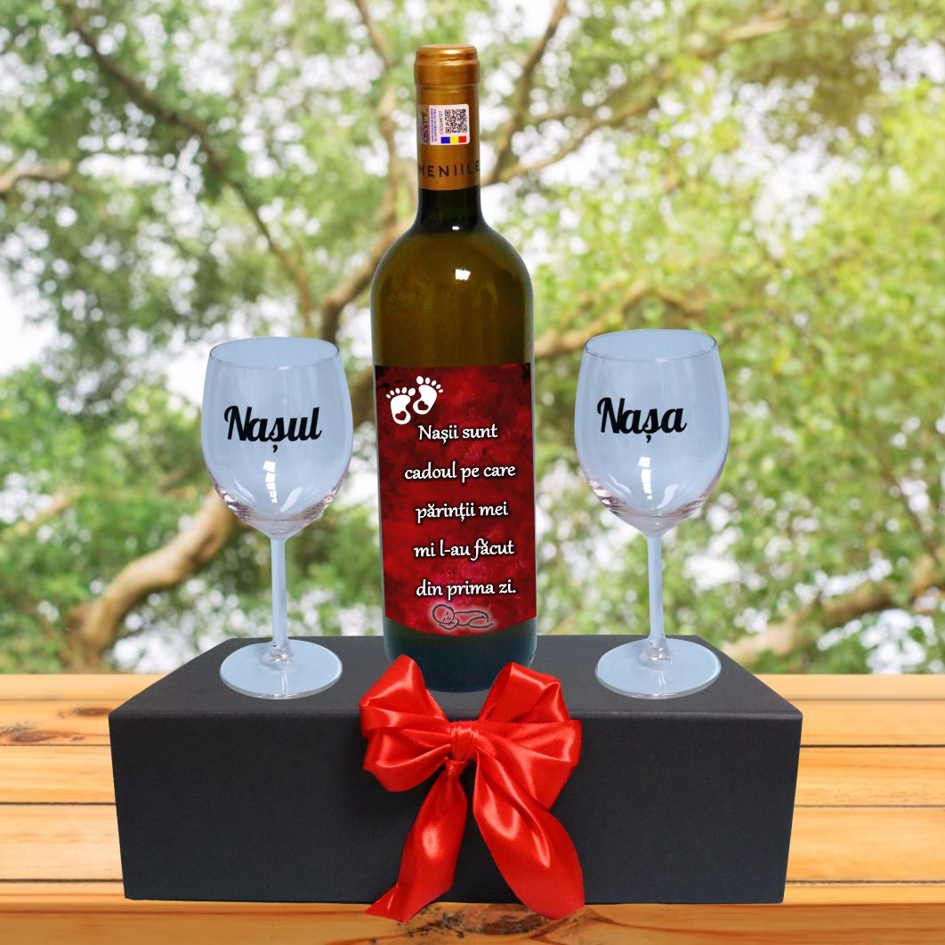 CSVN019. Set cadou Nasi, Cutie de vin cu sticla si 2 pahare, 35x25cm, Vin Domeniile Panciu Feteasca Regala, CSVN019 - imagine 4