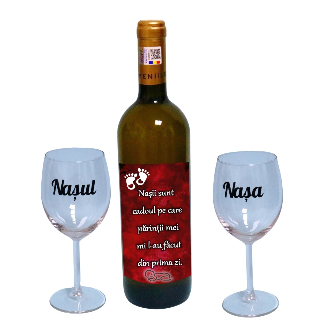 CSVN019.... Set cadou Nasi, Cutie de vin cu sticla si 2 pahare, 35x25cm, Vin Domeniile Panciu Feteasca Regala, CSVN019 - imagine 3