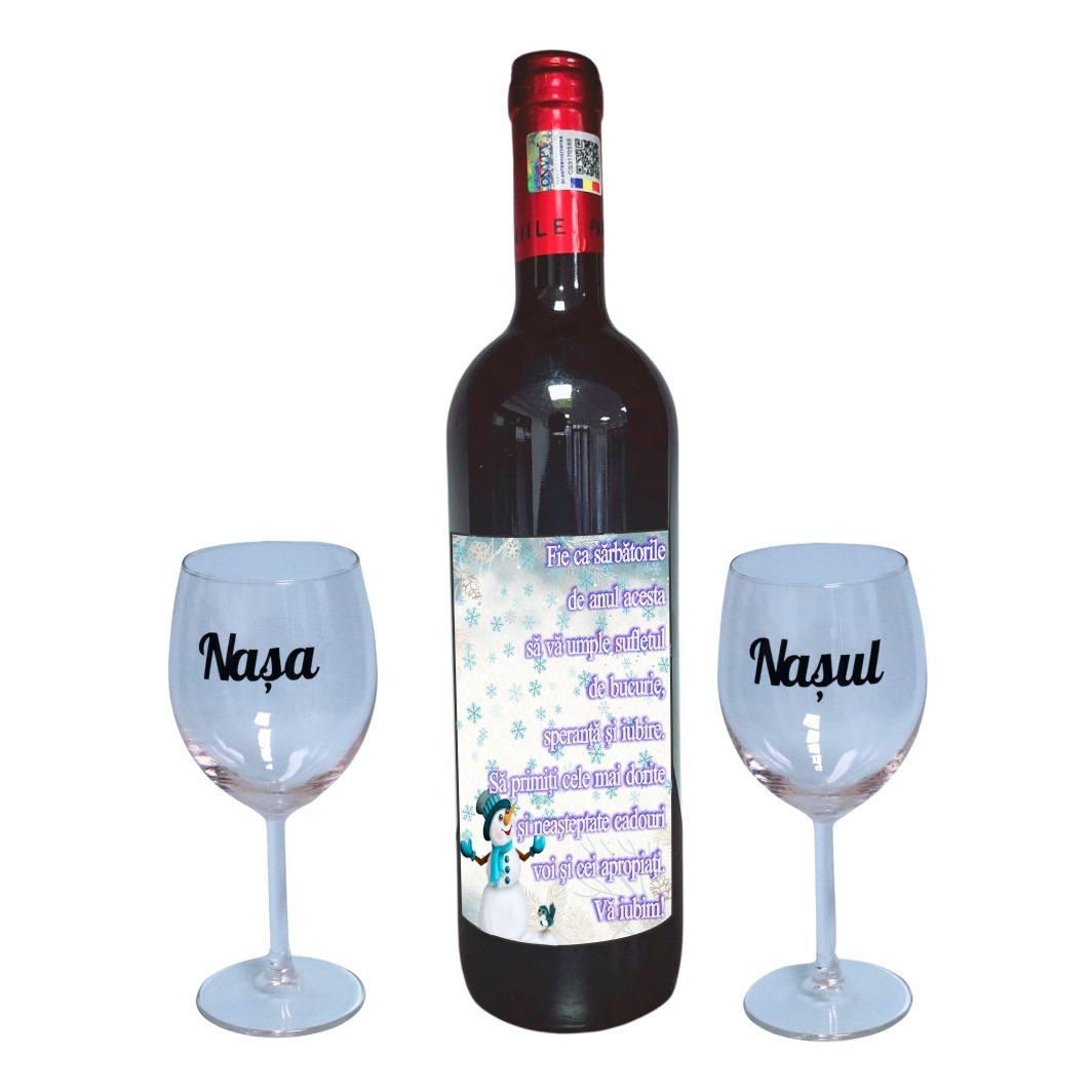 CSVN020. Set cadou Nasi, Cutie de vin cu sticla si 2 pahare, 35x25cm, Vin Domeniile Panciu Feteasca Neagra, CSVN020 - imagine 3