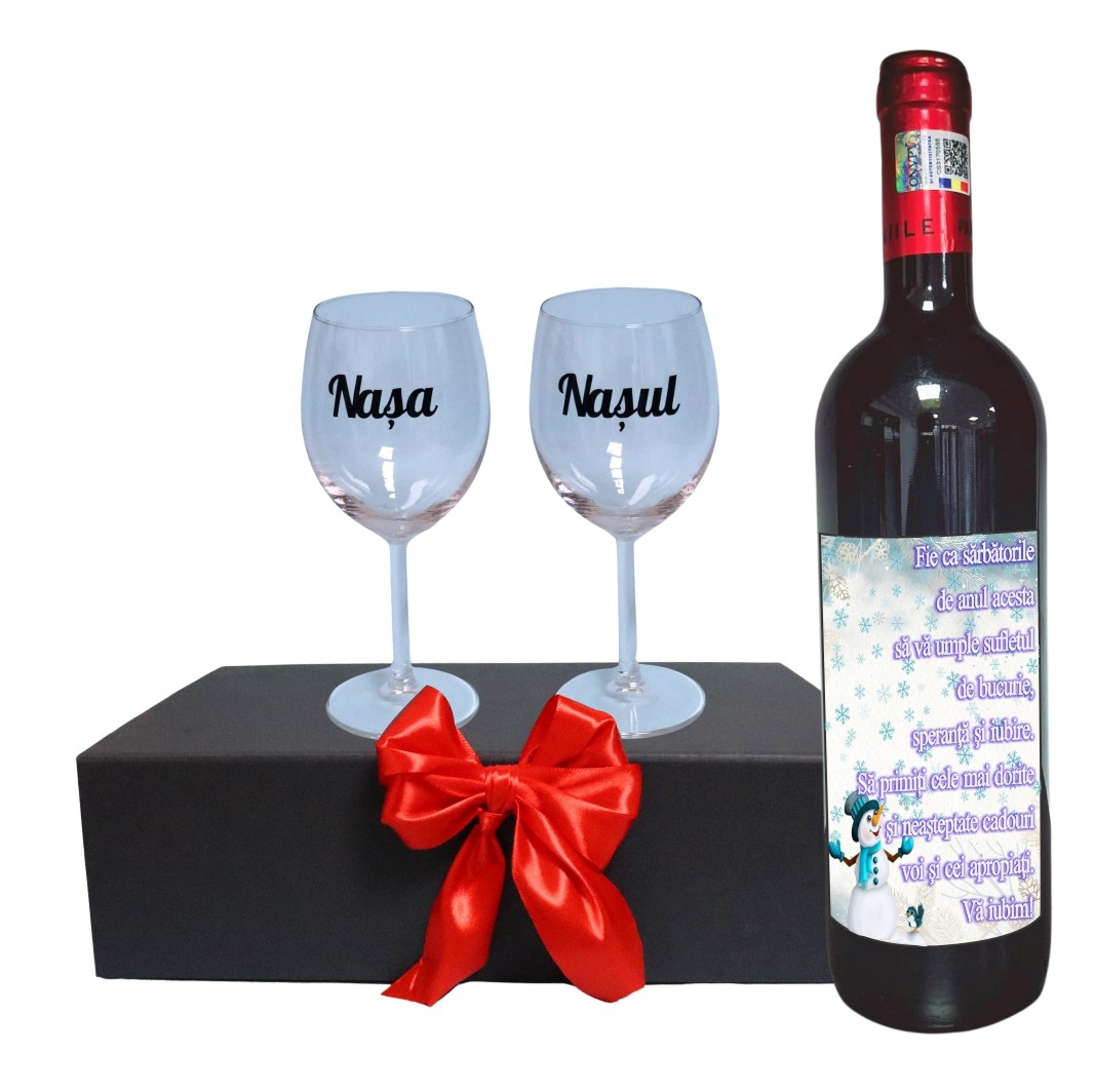 CSVN020 Set cadou Nasi, Cutie de vin cu sticla si 2 pahare, 35x25cm, Vin Domeniile Panciu Feteasca Neagra, CSVN020 - imagine 1