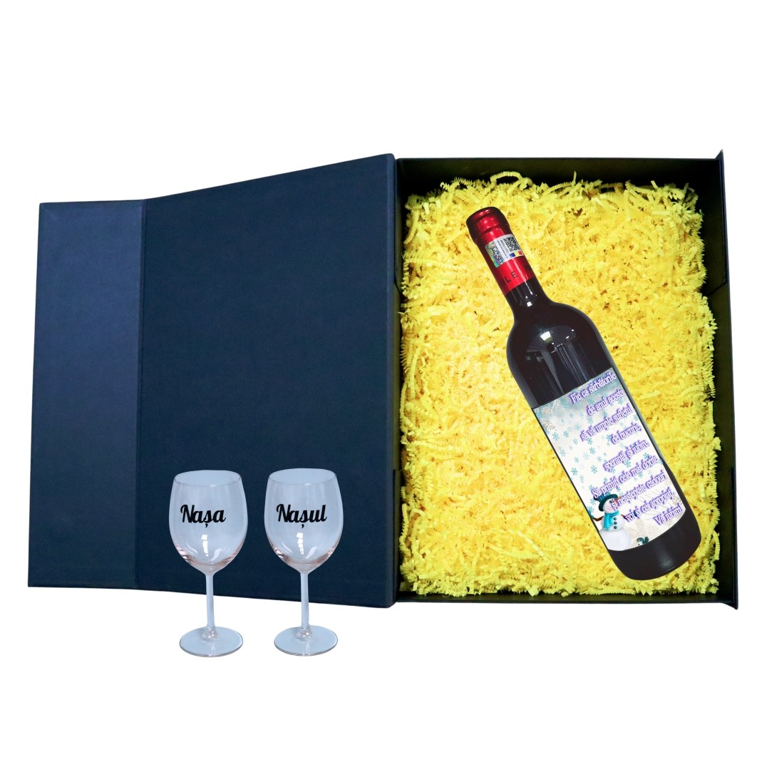CSVN020.... Set cadou Nasi, Cutie de vin cu sticla si 2 pahare, 35x25cm, Vin Domeniile Panciu Feteasca Neagra, CSVN020 - imagine 2