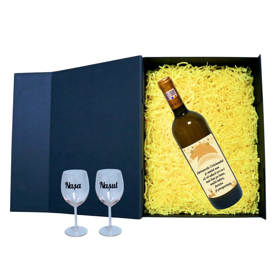 CSVN031.. Set cadou Nasi, Cutie de vin cu sticla si 2 pahare, 35x25cm, Vin Domeniile Panciu Feteasca Regala, CSVN031 - imagine 2
