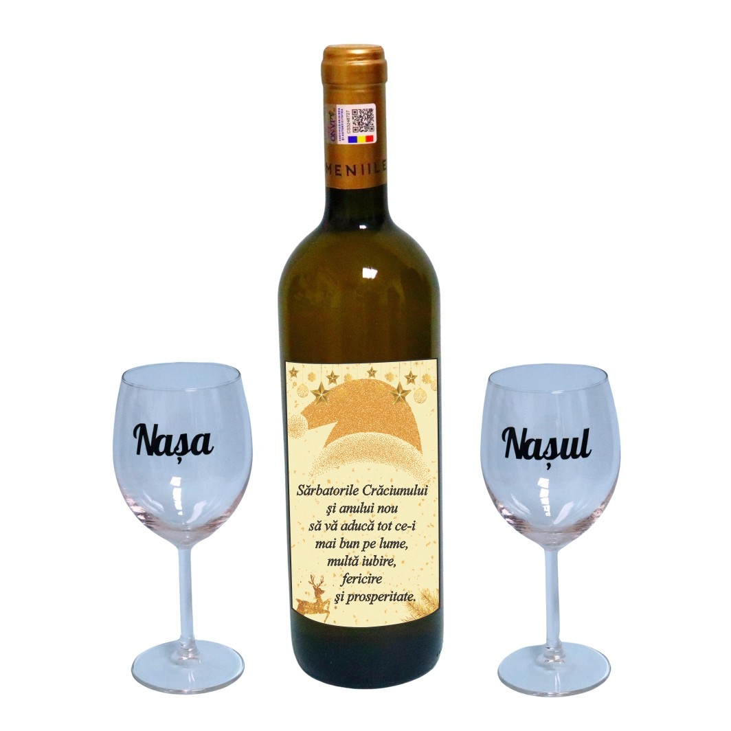 CSVN031. Set cadou Nasi, Cutie de vin cu sticla si 2 pahare, 35x25cm, Vin Domeniile Panciu Feteasca Regala, CSVN031 - imagine 3