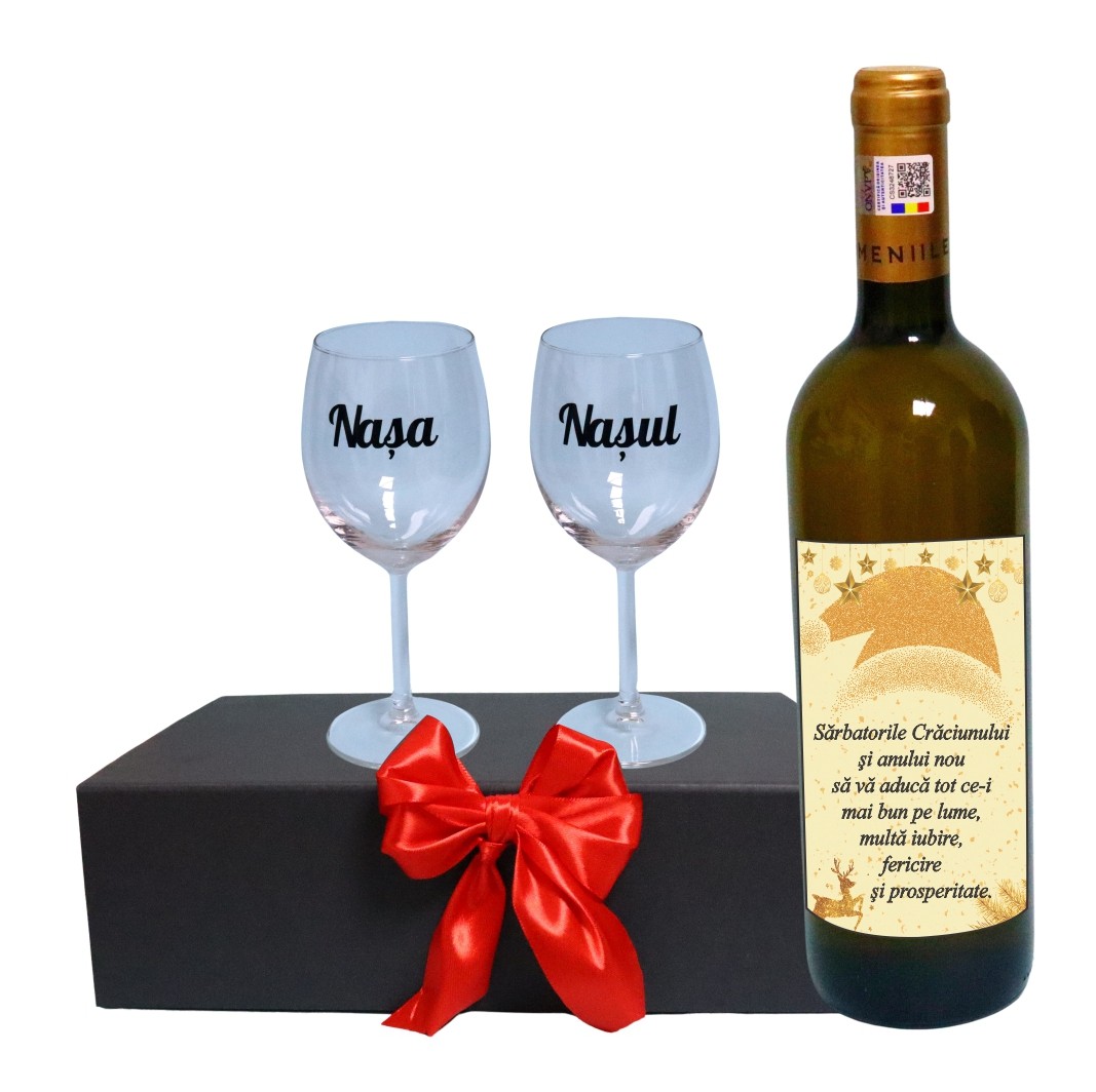 CSVN031 Set cadou Nasi, Cutie de vin cu sticla si 2 pahare, 35x25cm, Vin Domeniile Panciu Feteasca Regala, CSVN031 - imagine 1
