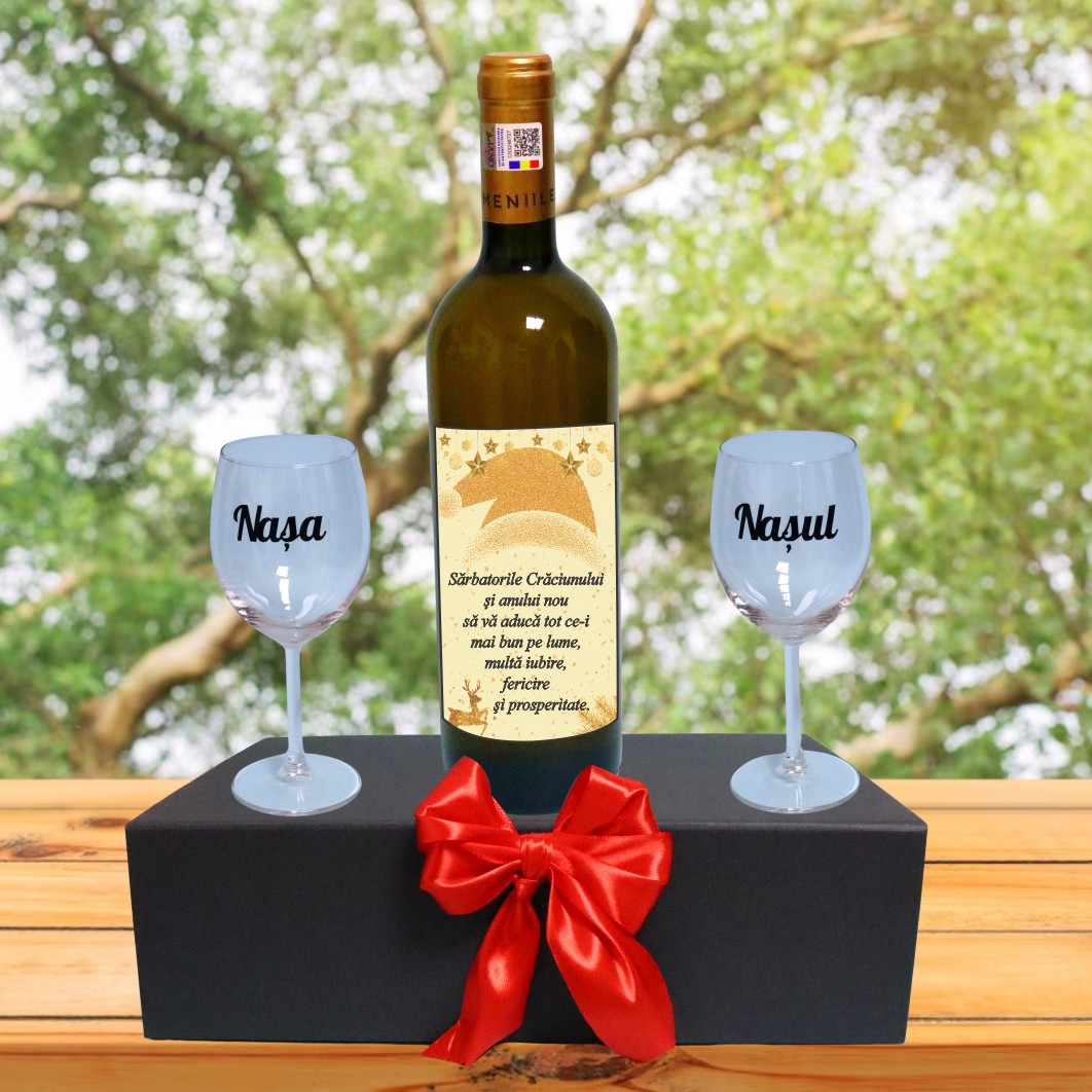CSVN031... Set cadou Nasi, Cutie de vin cu sticla si 2 pahare, 35x25cm, Vin Domeniile Panciu Feteasca Regala, CSVN031 - imagine 4