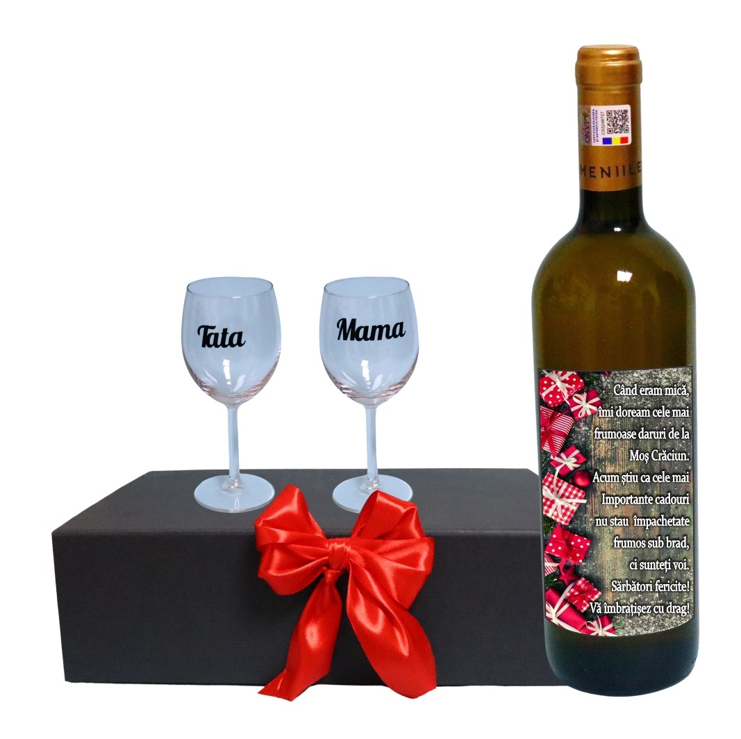 CSVPA009 Set cadou Parinti, Cutie de vin cu sticla si 2 pahare, 35x25cm, Vin Domeniile Panciu Feteasca Regala, CSVPA009 - imagine 1