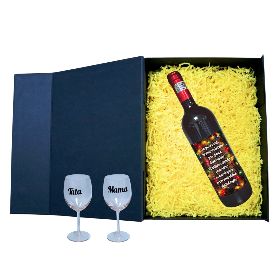 CSVPA010... Set cadou Parinti, Cutie de vin cu sticla si 2 pahare, 35x25cm, Vin Domeniile Panciu Feteasca Neagra, CSVPA010 - imagine 2