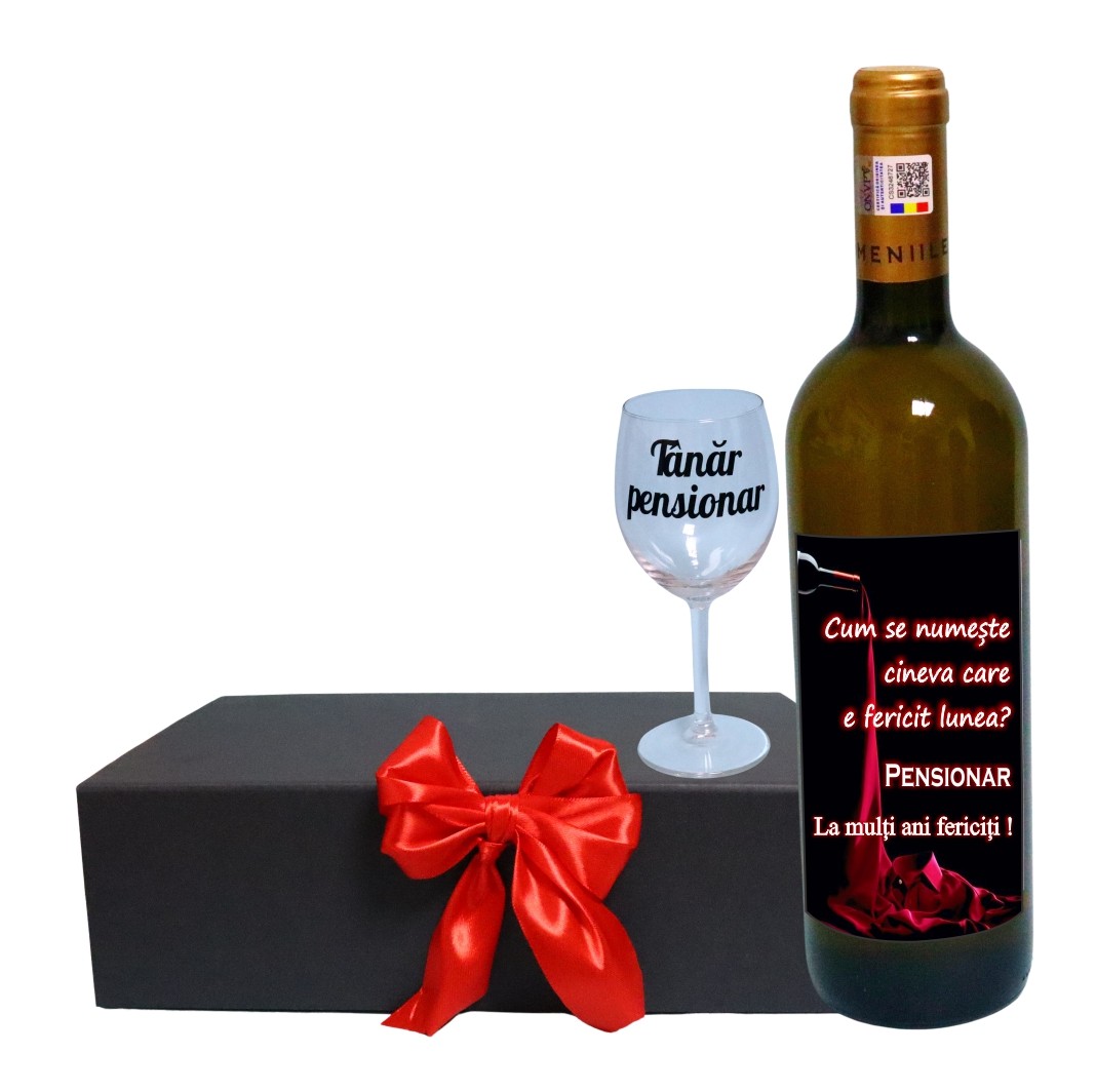 CSVPN003 Set cadou Pensionare, Cutie de vin cu sticla si un pahar, 35x25cm, Vin Domeniile Panciu Feteasca Regala, CSVPN003 - imagine 1